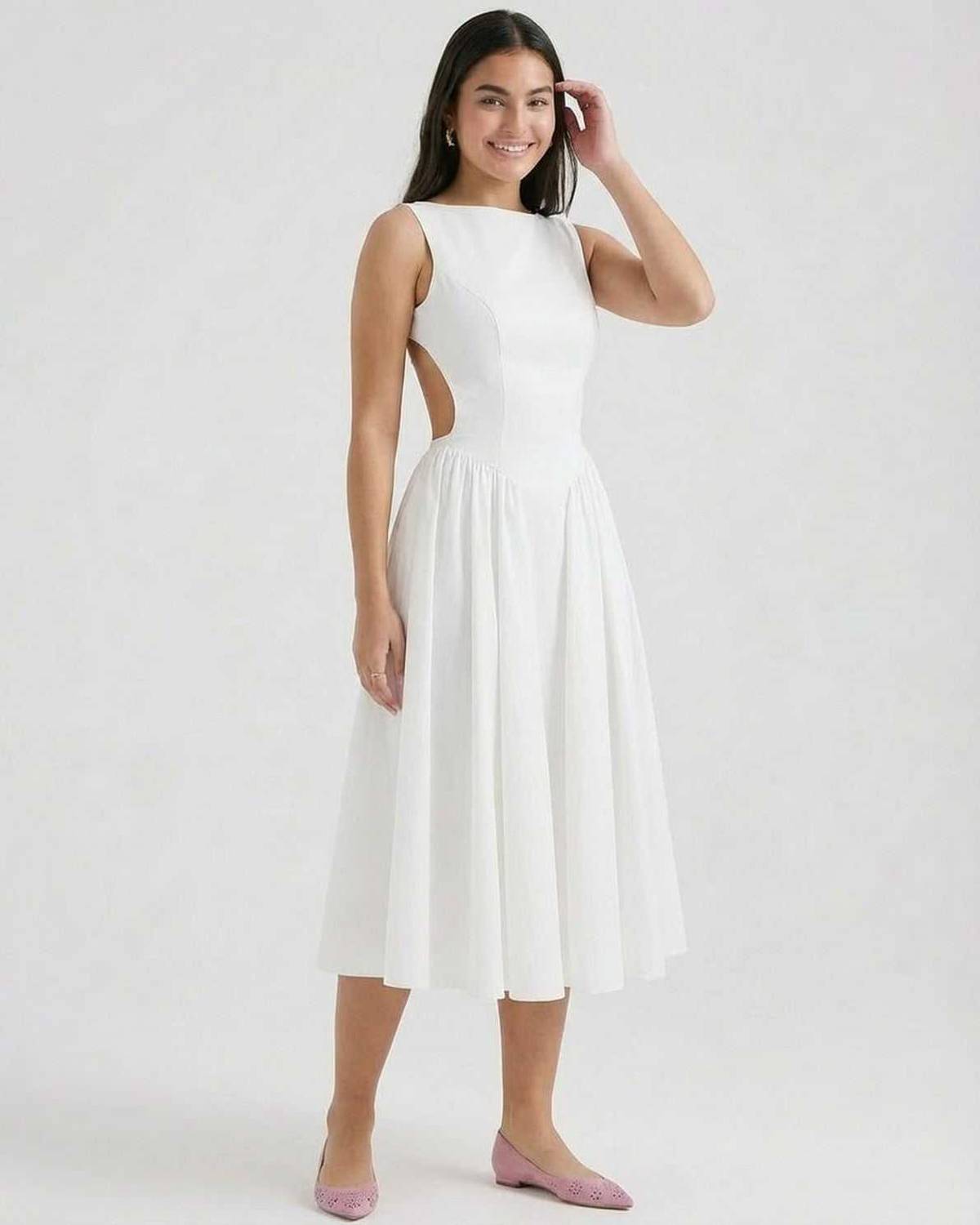 Halle | White Open-Back A-Line Midi Dress Wedding & Summer Party Gown