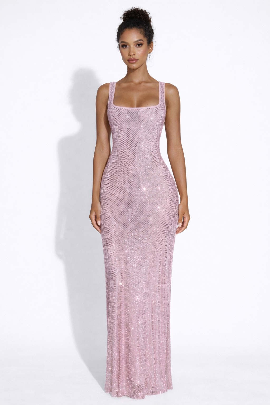 Elara | Sculpted Square Neck Crystal Mesh Maxi Dress