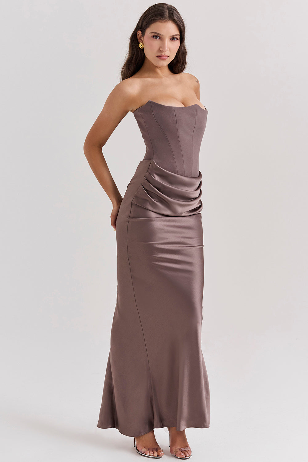 Stella | Strapless Satin Structured Bodice Maxi Dress