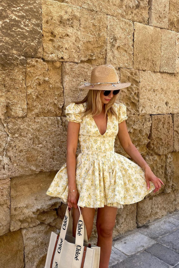 Bryanna | Women's Floral V-Neck Yellow Mini Summer Dress