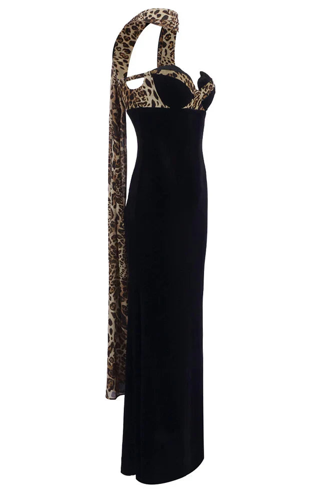 Camryn | Women's Black Strapless Leopard Print Maxi Dress with Scarf