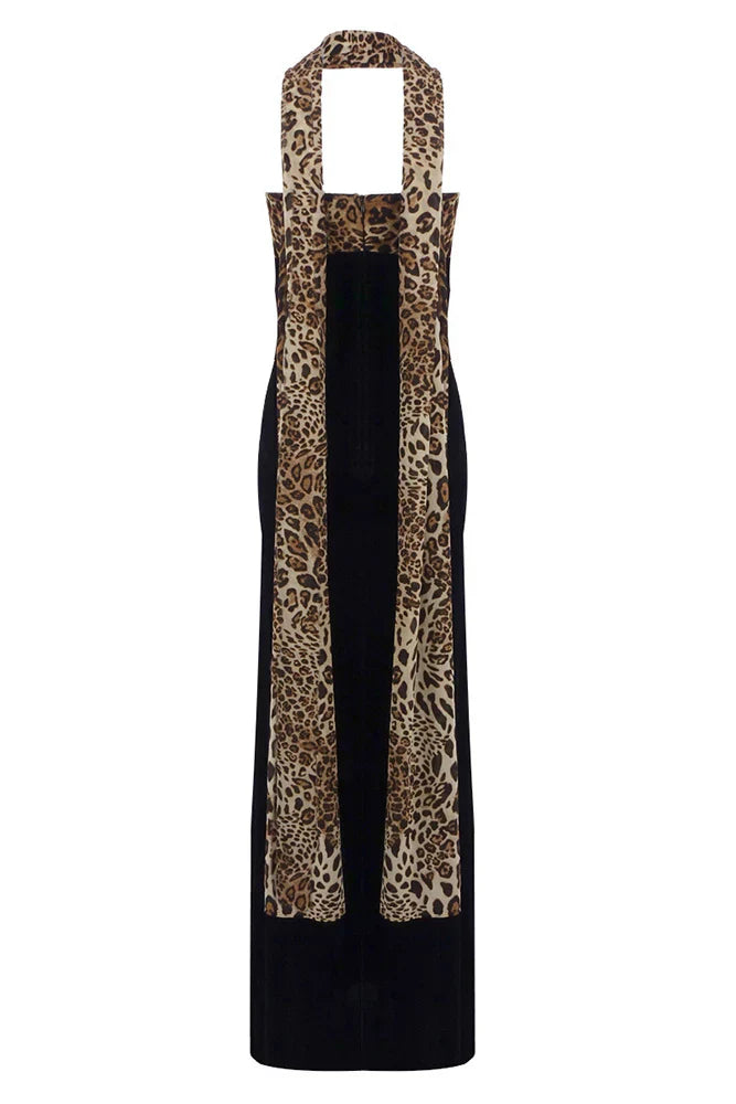 Camryn | Women's Black Strapless Leopard Print Maxi Dress with Scarf