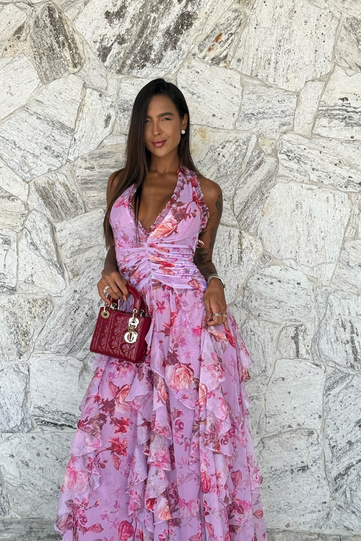 Coral | Women's Pink Floral Sleeveless Ruffle Maxi Wedding Guest Dress