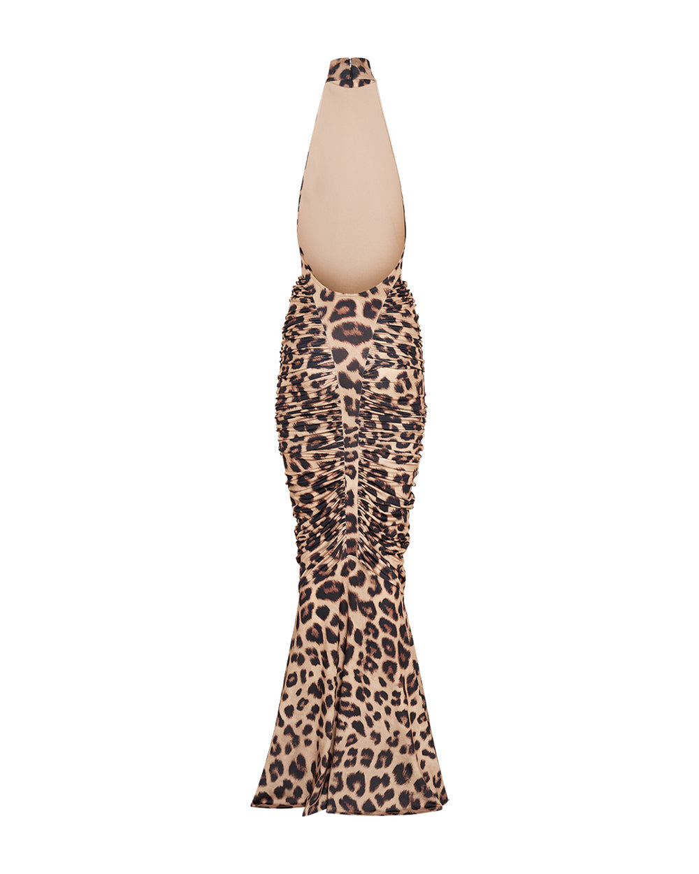Estelle | Women's High-Neck Sleeveless Backless Ruched Leopard Maxi Dress