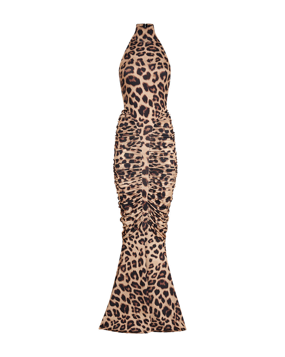 Estelle | Women's High-Neck Sleeveless Backless Ruched Leopard Maxi Dress