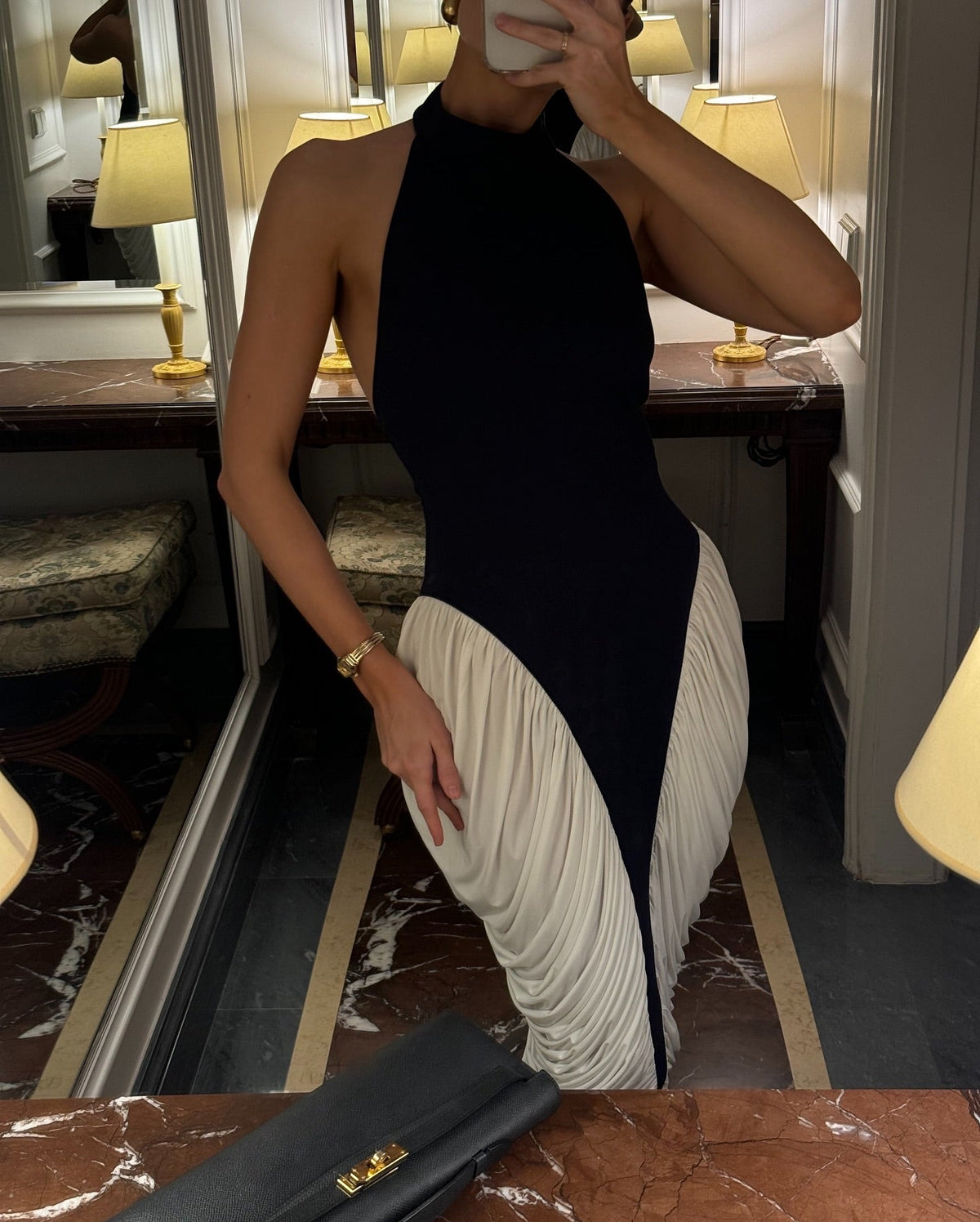 Francesca | Women's Black & White High-Neck Sleeveless Backless Pleated Midi Dress