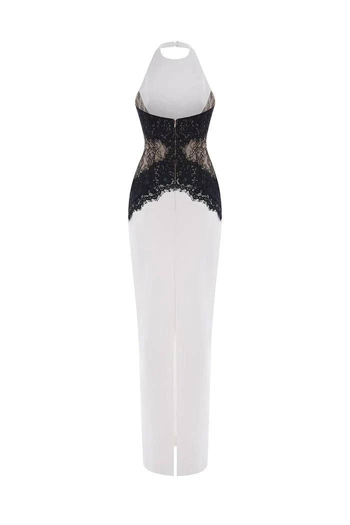 Kaira | Women's Black & White High-Neck Halter Backless Lace Maxi Dress