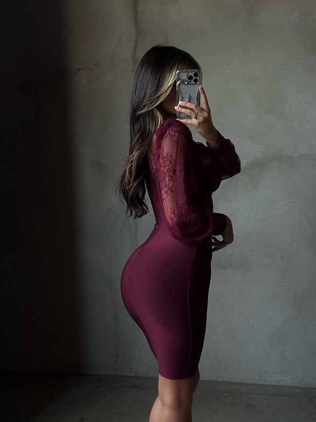 Kate | Women's Burgundy Long Lace Balloon Sleeve Mini Dress
