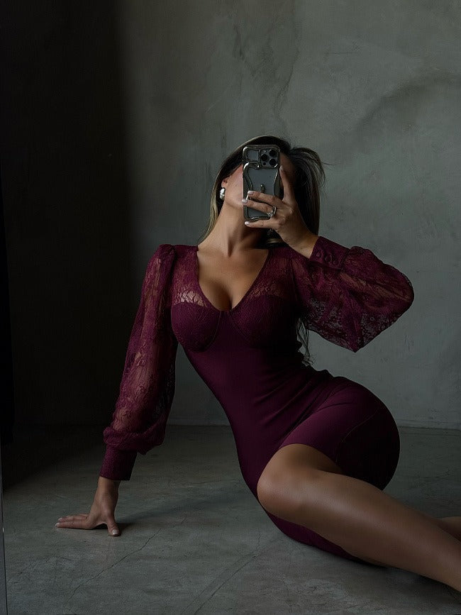 Kate | Women's Burgundy Long Lace Balloon Sleeve Mini Dress