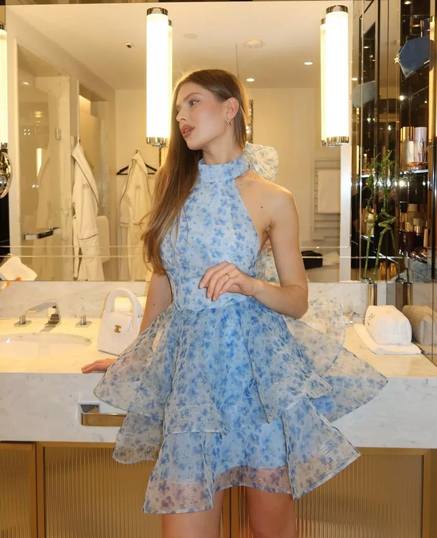 Makenna | Women's Blue Floral High-Neck Tie-Up Mini Summer Dress