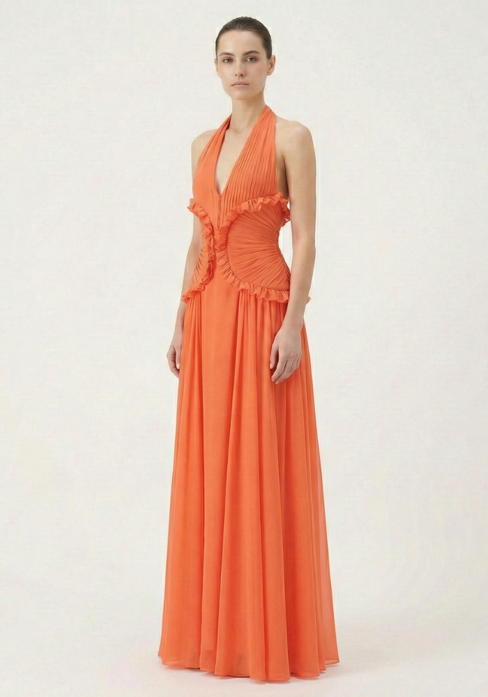 Marlowe | Women's Orange Halter Ruffle A-Line Maxi Wedding Guest Dress