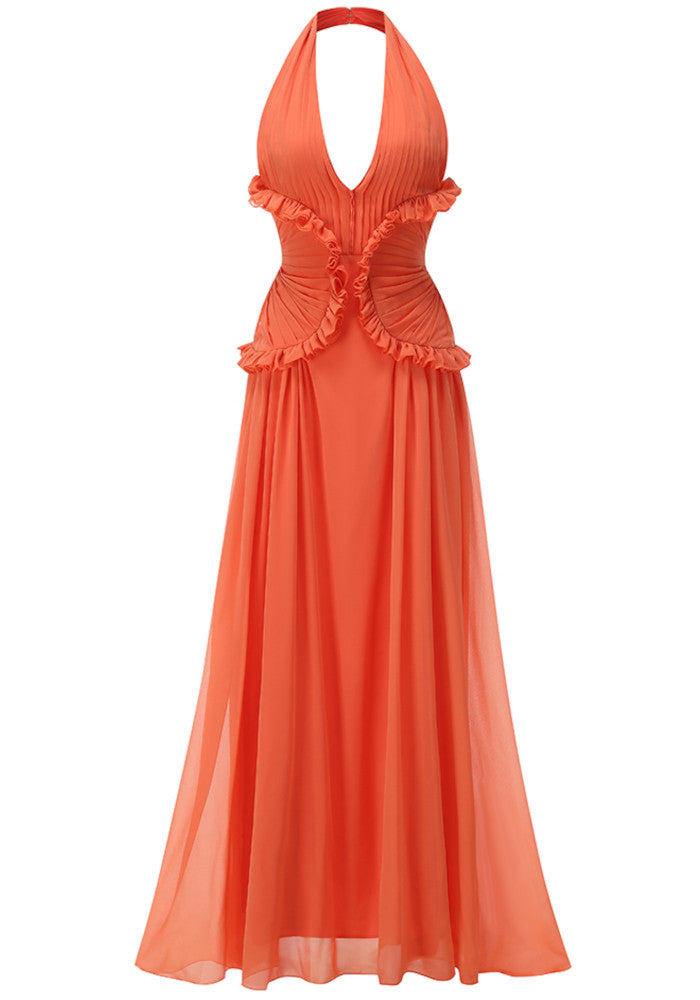 Marlowe | Women's Orange Halter Ruffle A-Line Maxi Wedding Guest Dress