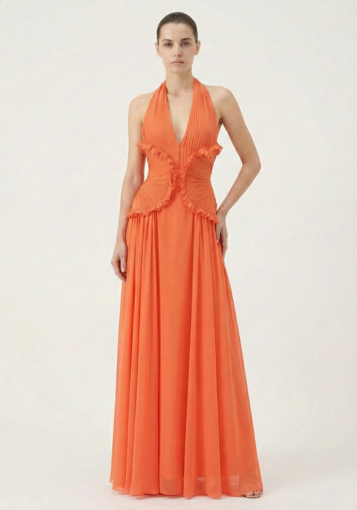 Marlowe | Women's Orange Halter Ruffle A-Line Maxi Wedding Guest Dress