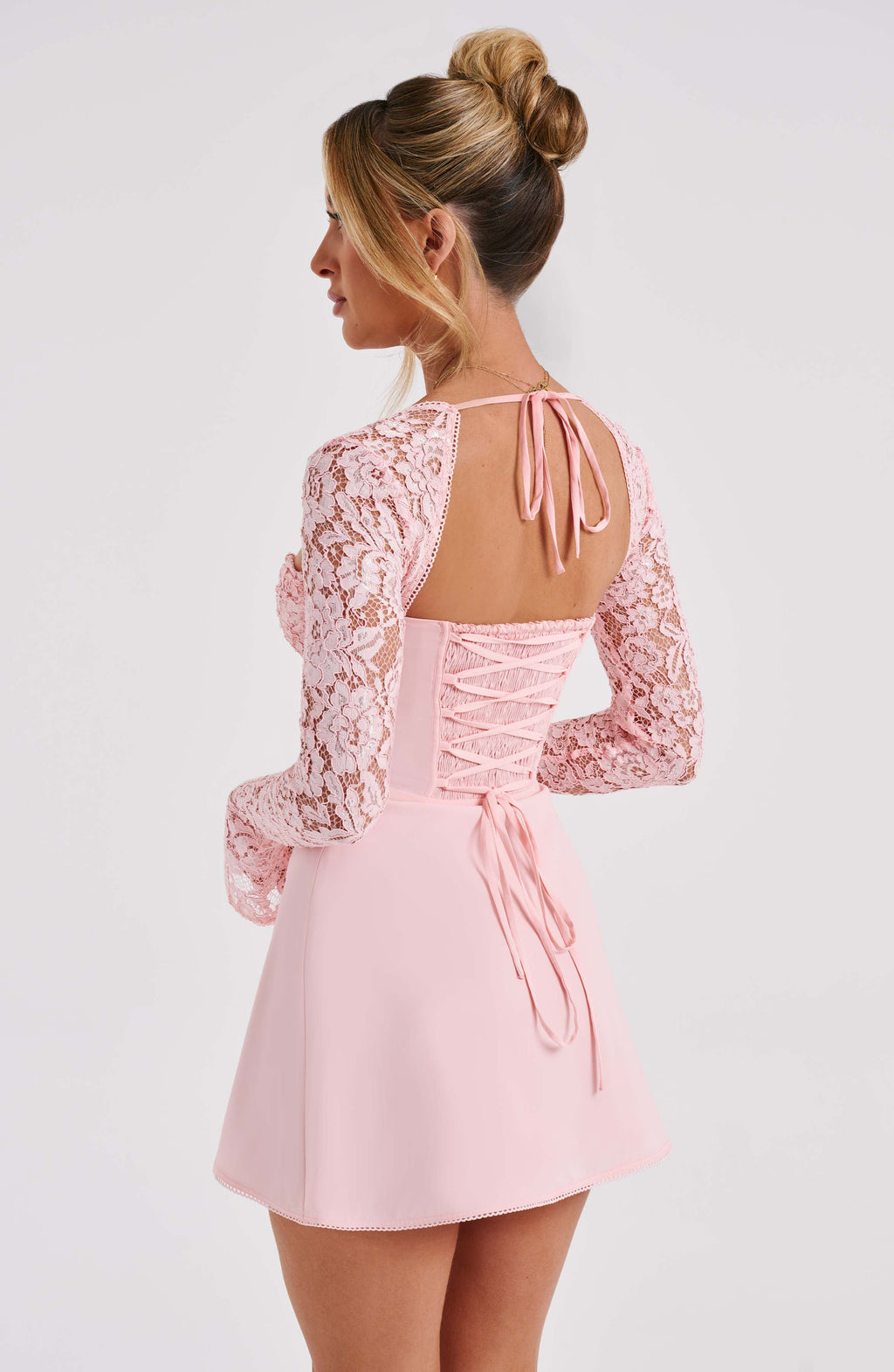 Noemi | Women's Pink Long Lace Sleeves Mini Summer Dress