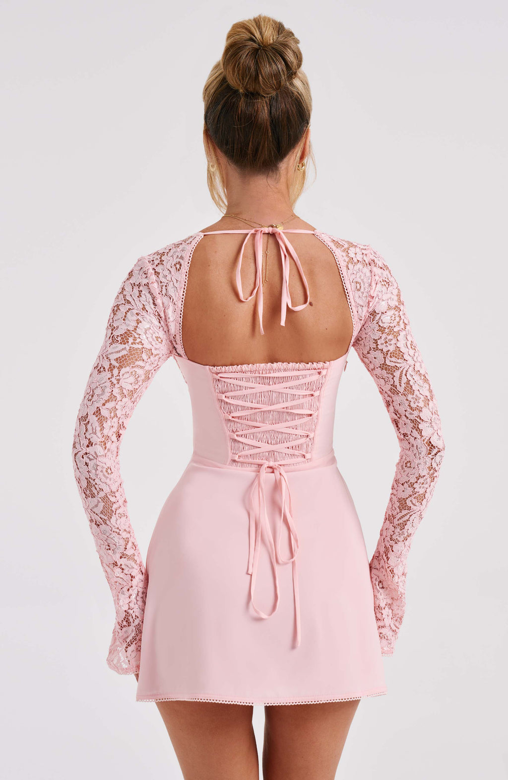 Noemi | Women's Pink Long Lace Sleeves Mini Summer Dress