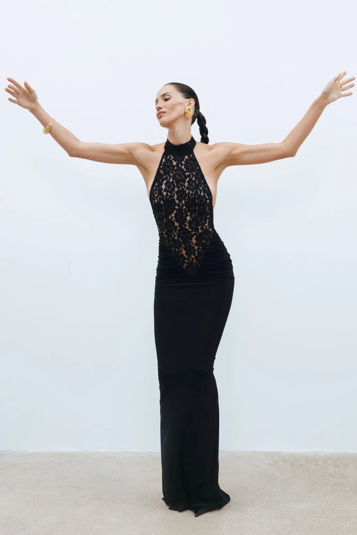Rayna | Women's Black High-Neck Sleeveless Backless Lace Bodycon Maxi Dress