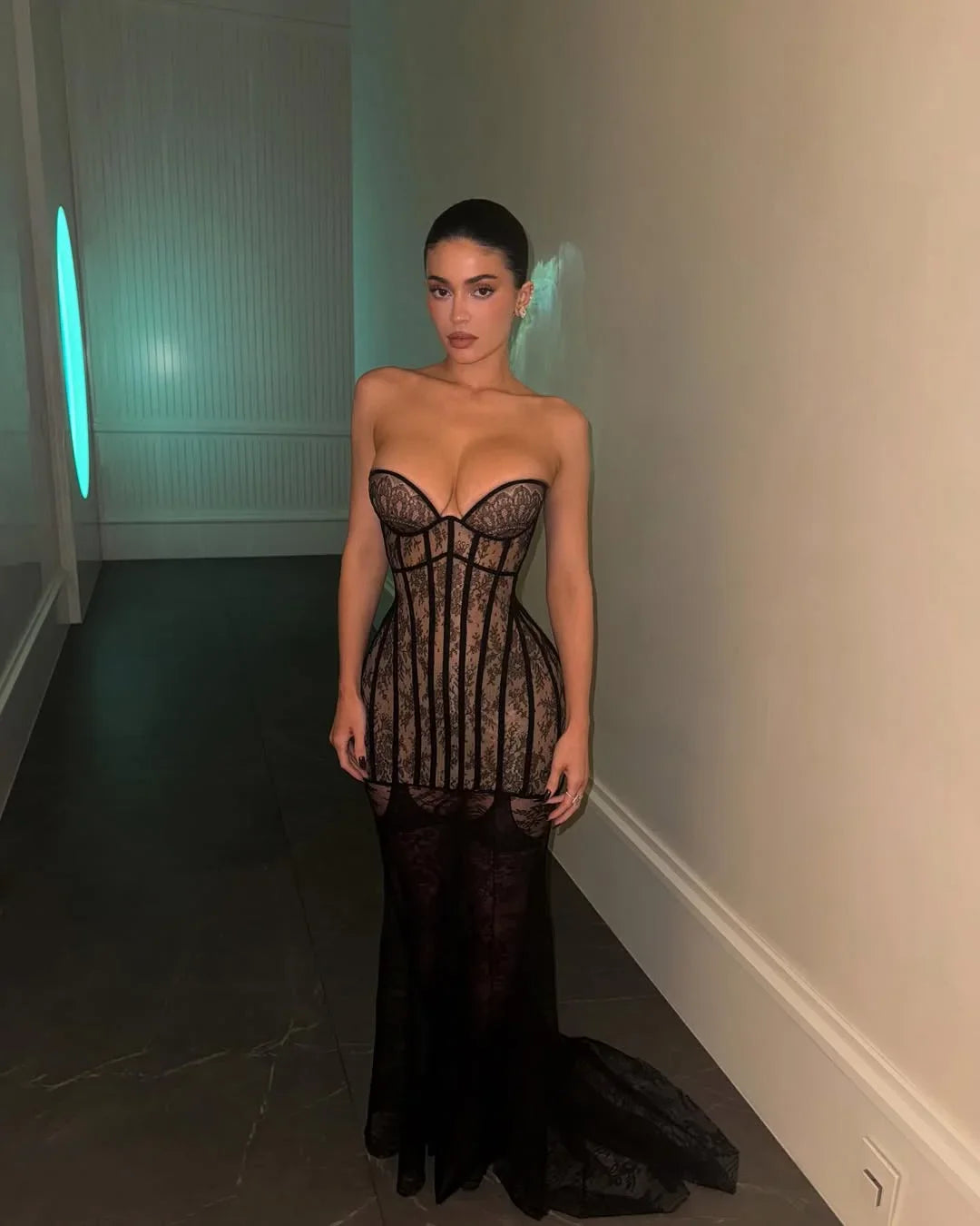 Serenity | Women's Black Strapless Lace Bustier Corset Maxi Dress