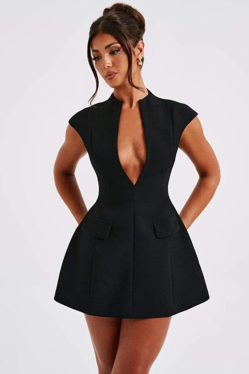 Benthe | Women's Black Elegant Mini Dress with Deep V-neckline