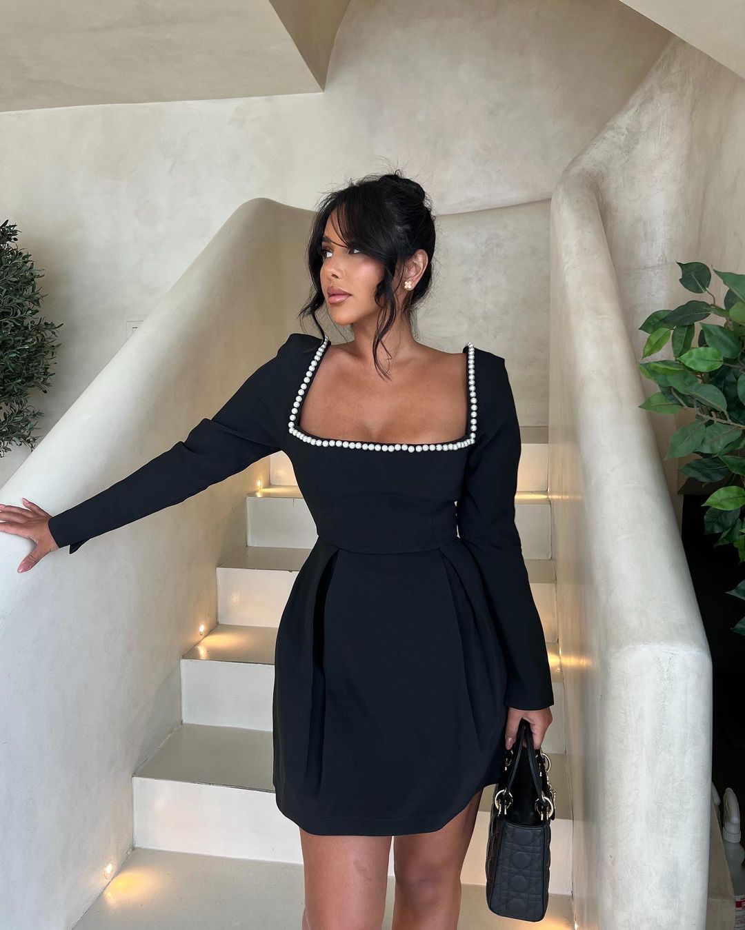 Frankie | Women's Black Longsleeve Mini Party Dress with Pearl Details
