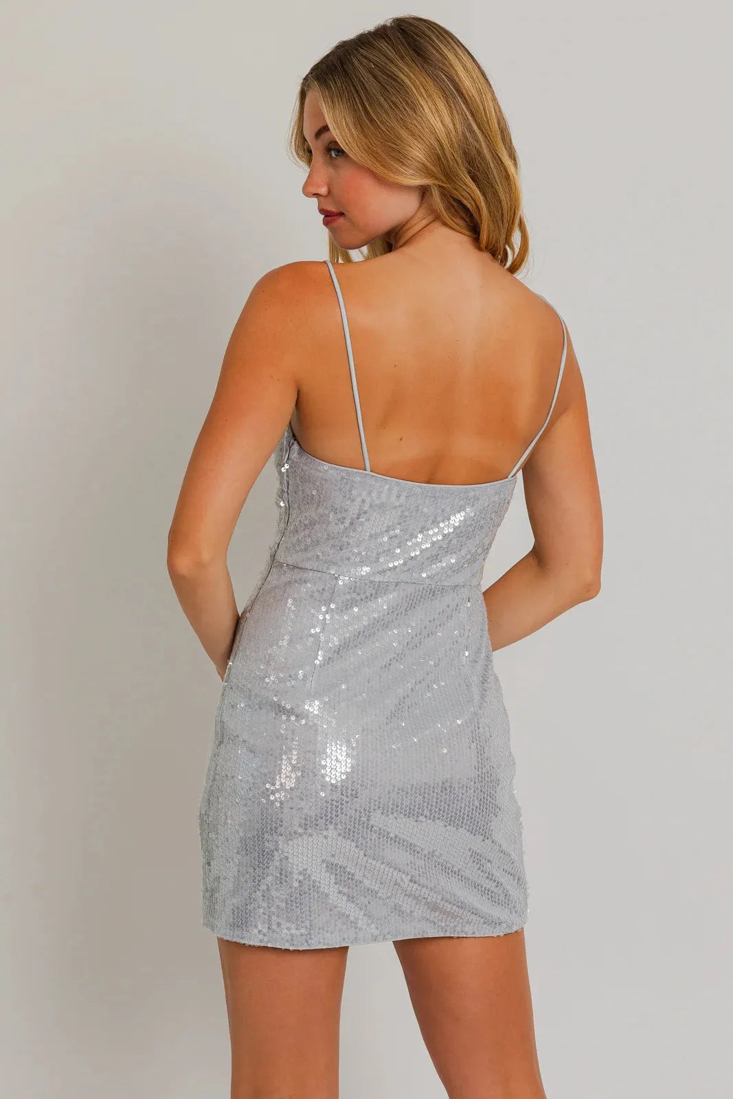 Romy | Shimmering Silver Sequin Spaghetti Strap Mini Dress
