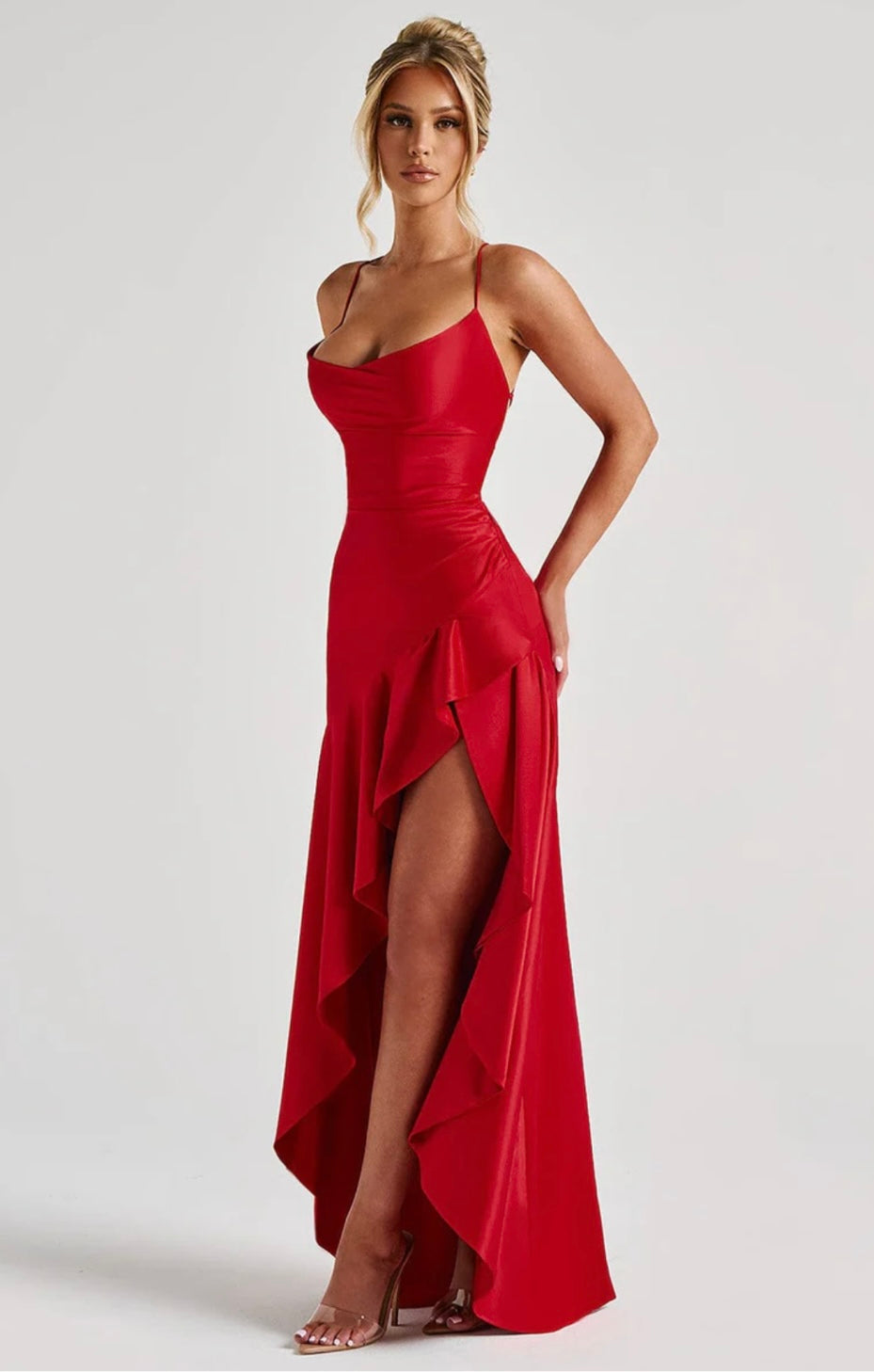 Lucia | High-Low Ruffle Hem Satin Twist Cowl Maxi Dress