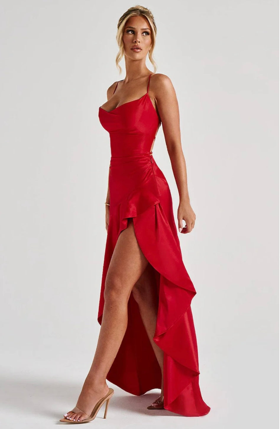 Lucia | High-Low Ruffle Hem Satin Twist Cowl Maxi Dress