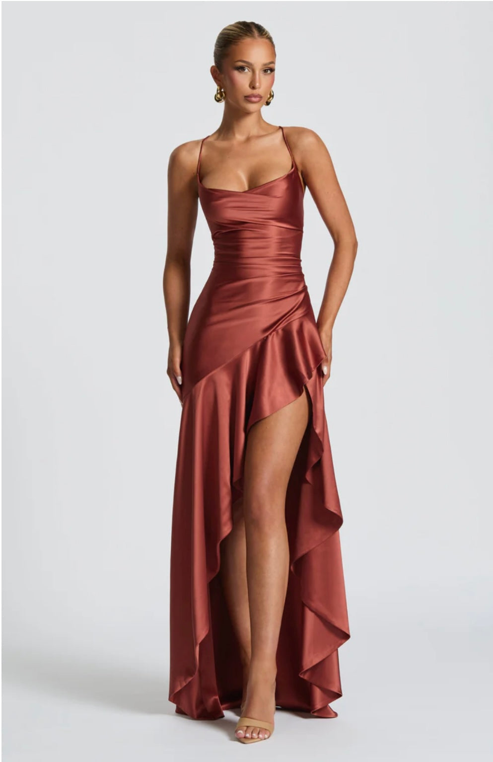 Lucia | High-Low Ruffle Hem Satin Twist Cowl Maxi Dress