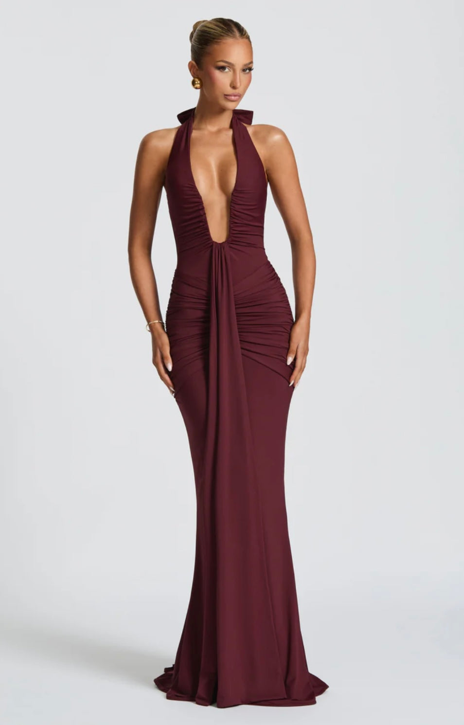 Natasha | Ruched Bodycon Plunging Halter Maxi Dress