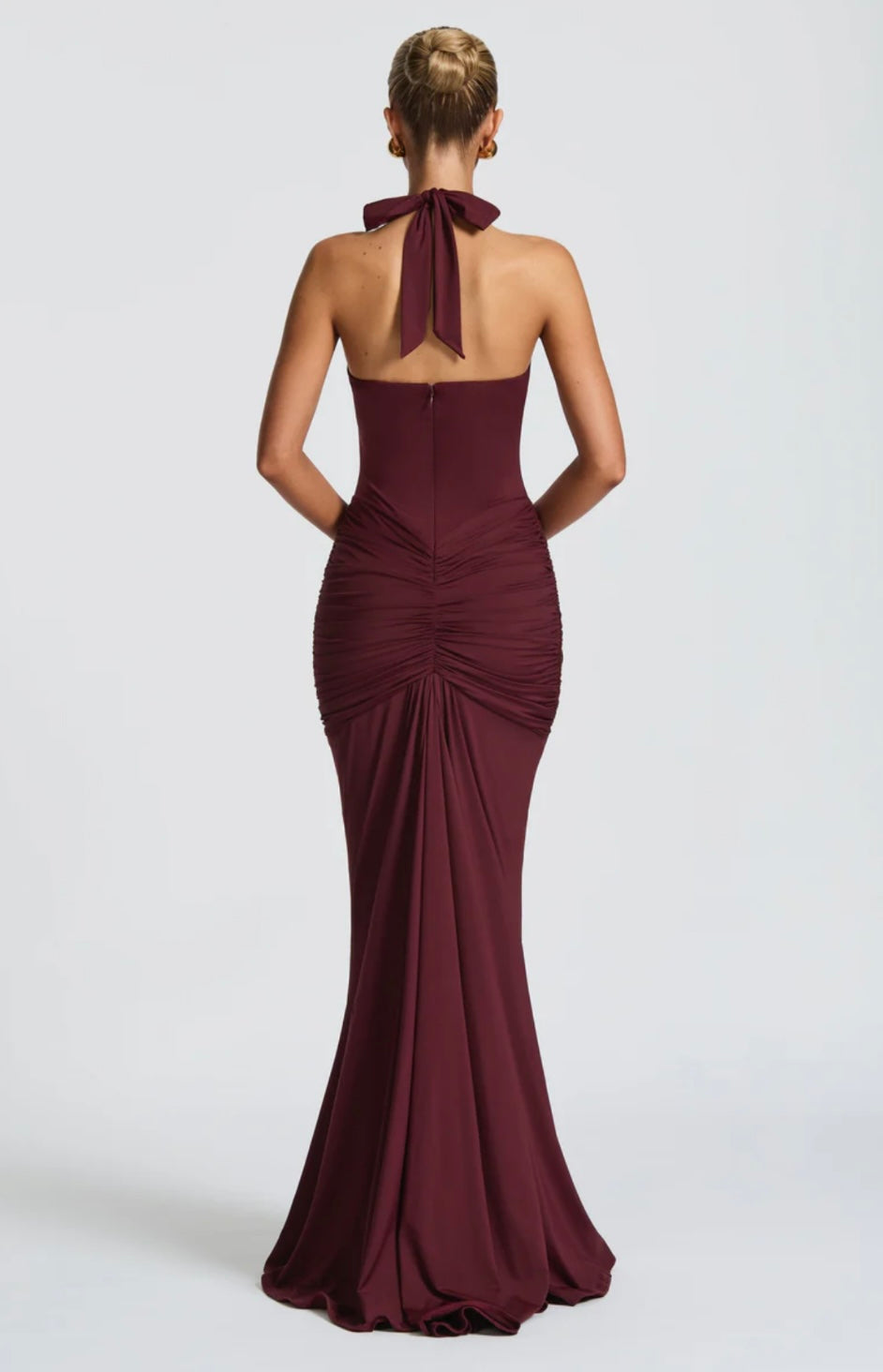 Natasha | Ruched Bodycon Plunging Halter Maxi Dress