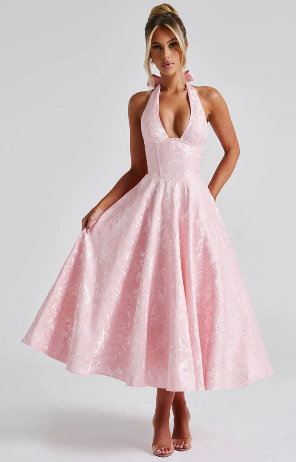 Floriane | Halter Neck Floral Jacquard Midi Dress