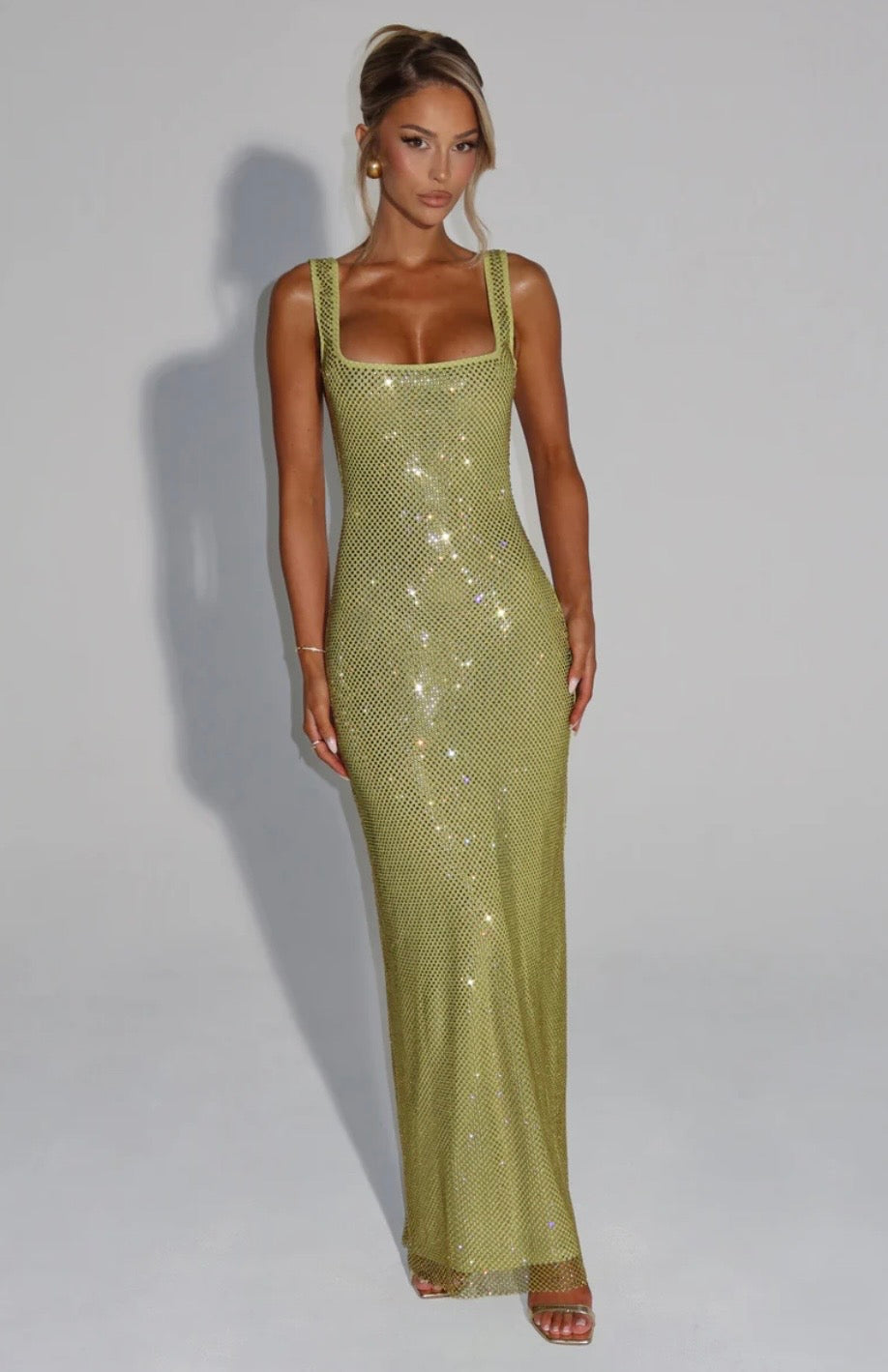 Elara | Sculpted Square Neck Crystal Mesh Maxi Dress