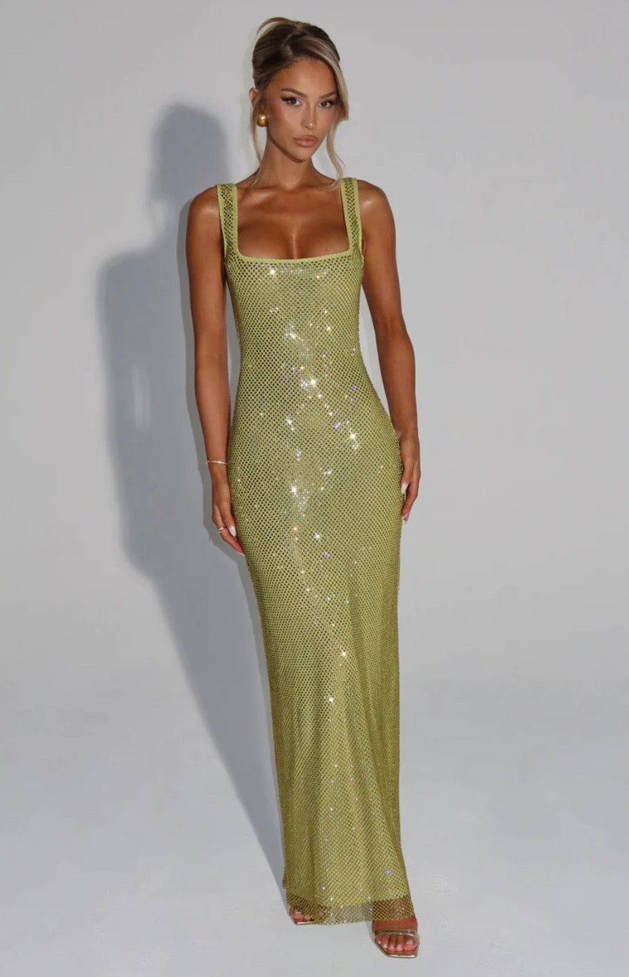 Elara | Sculpted Square Neck Crystal Mesh Maxi Dress