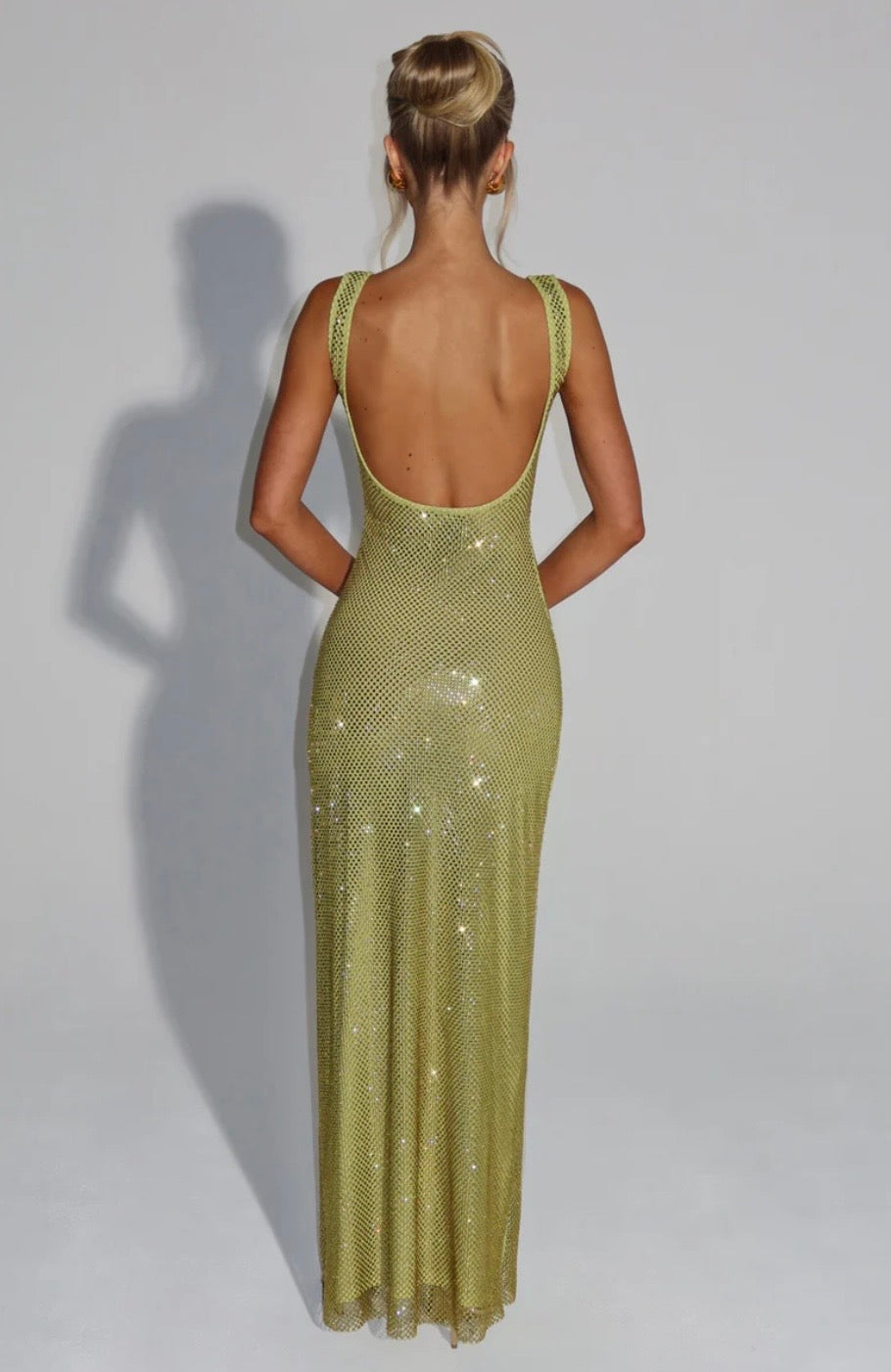 Elara | Sculpted Square Neck Crystal Mesh Maxi Dress