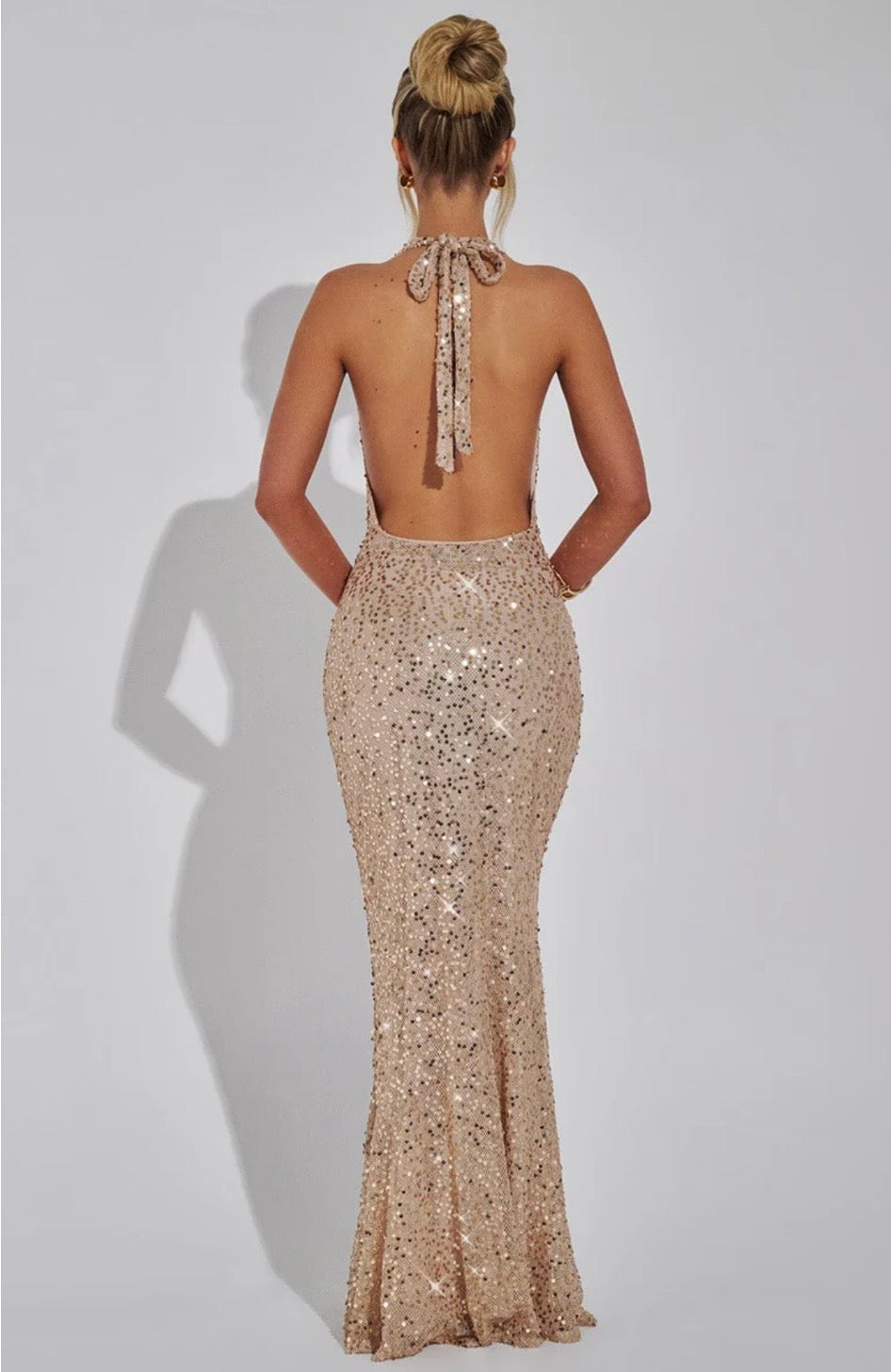 Stellara | Embellished Open Back Sequin Net Halter Maxi Dress