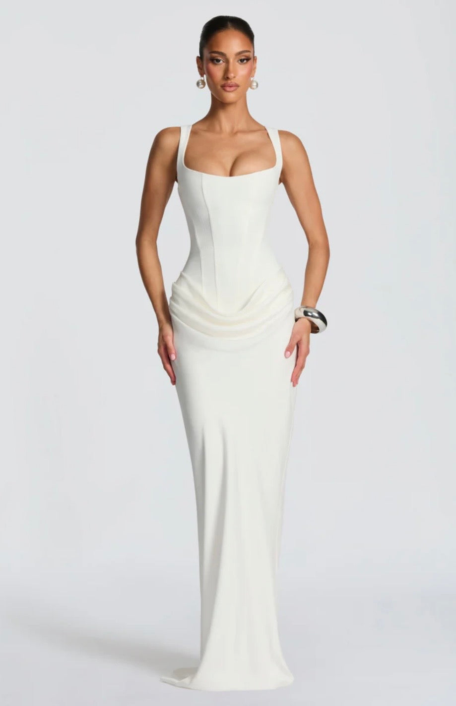 Nina | Sculpted Lowered Waist Square Neck Crepe Maxi Dress