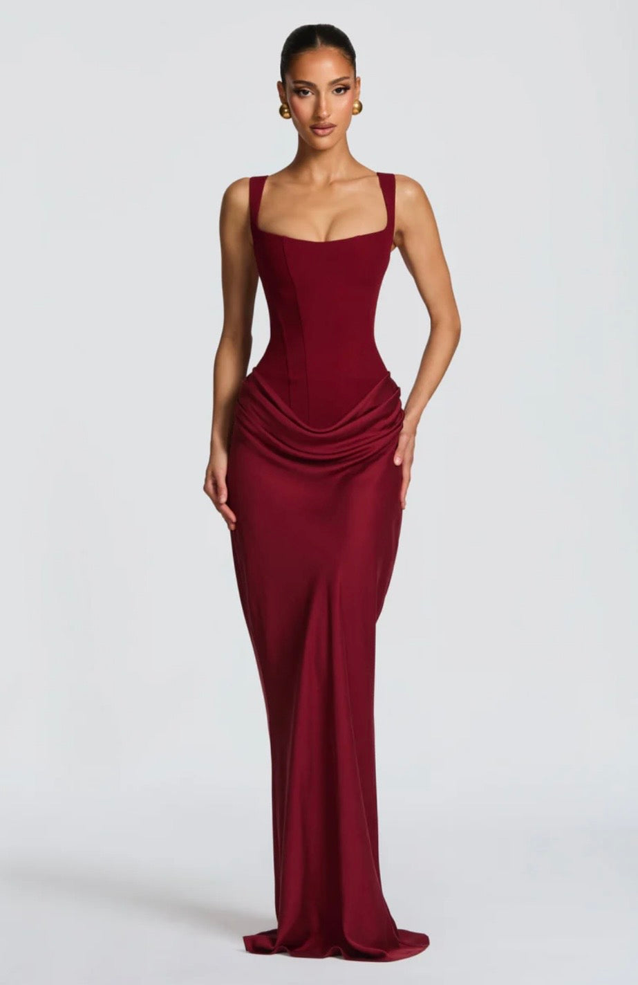 Nina | Sculpted Lowered Waist Square Neck Crepe Maxi Dress