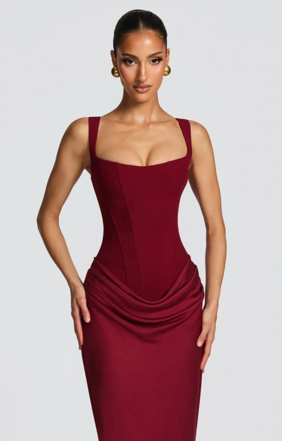 Nina | Sculpted Lowered Waist Square Neck Crepe Maxi Dress