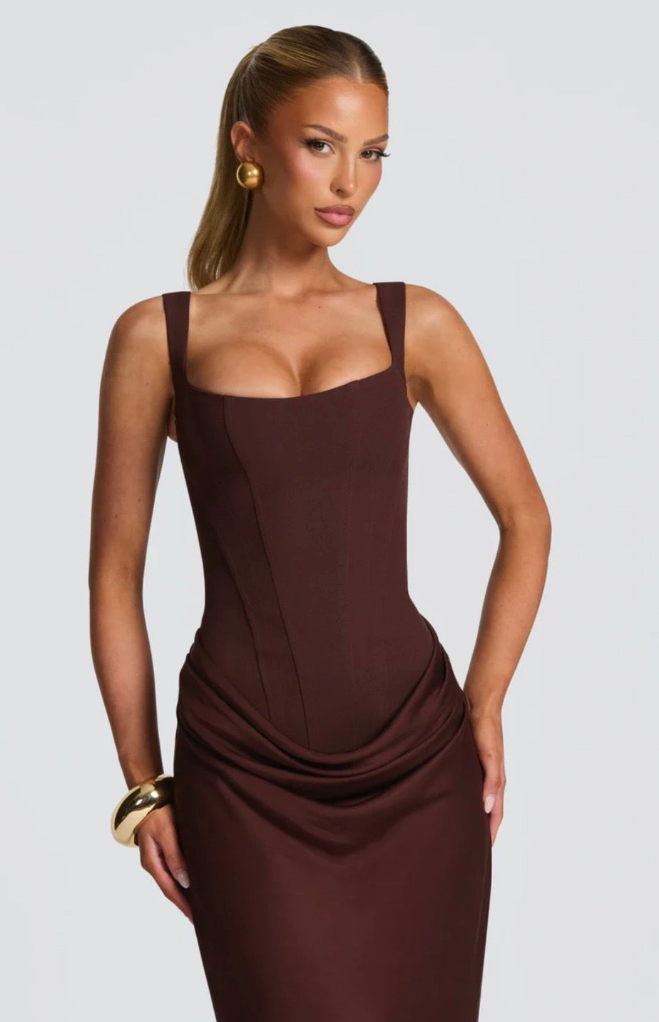 Nina | Sculpted Lowered Waist Square Neck Crepe Maxi Dress