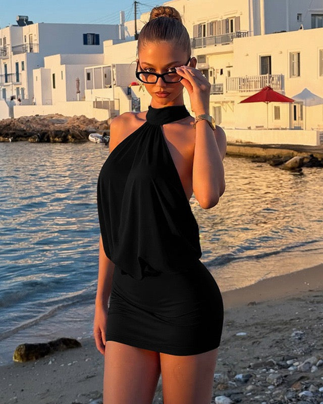 Pamela | Open Back Bodycon Draped Halter Mini Dress