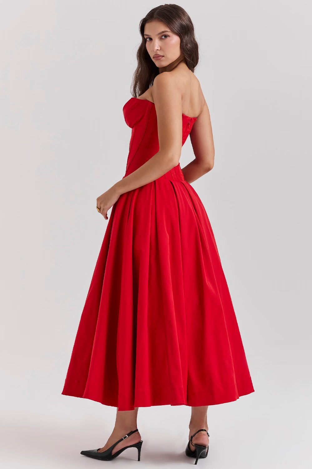 Nyssa | Full Pleated Romantic Silhouette Boned Corset Midi Dress