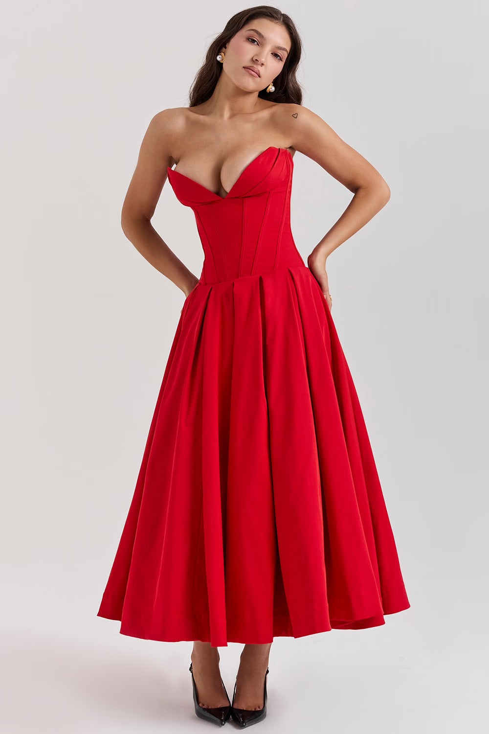 Nyssa | Full Pleated Romantic Silhouette Boned Corset Midi Dress