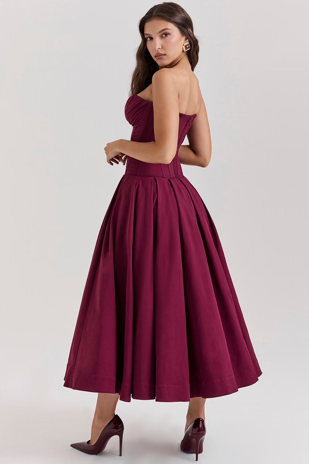 Nyssa | Full Pleated Romantic Silhouette Boned Corset Midi Dress