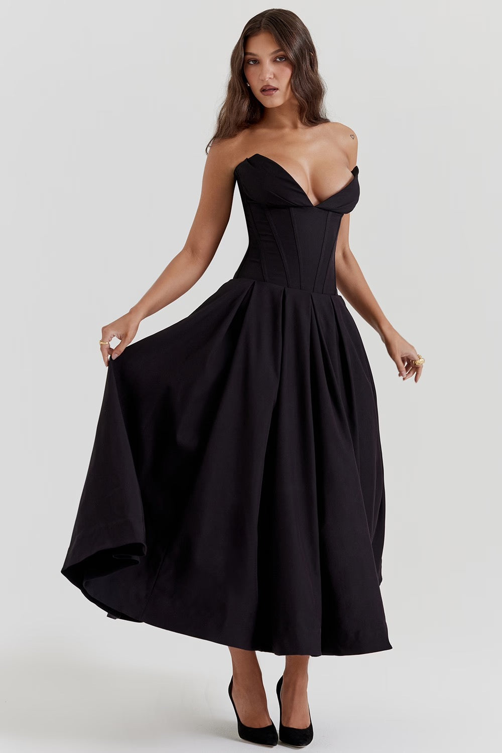 Nyssa | Full Pleated Romantic Silhouette Boned Corset Midi Dress