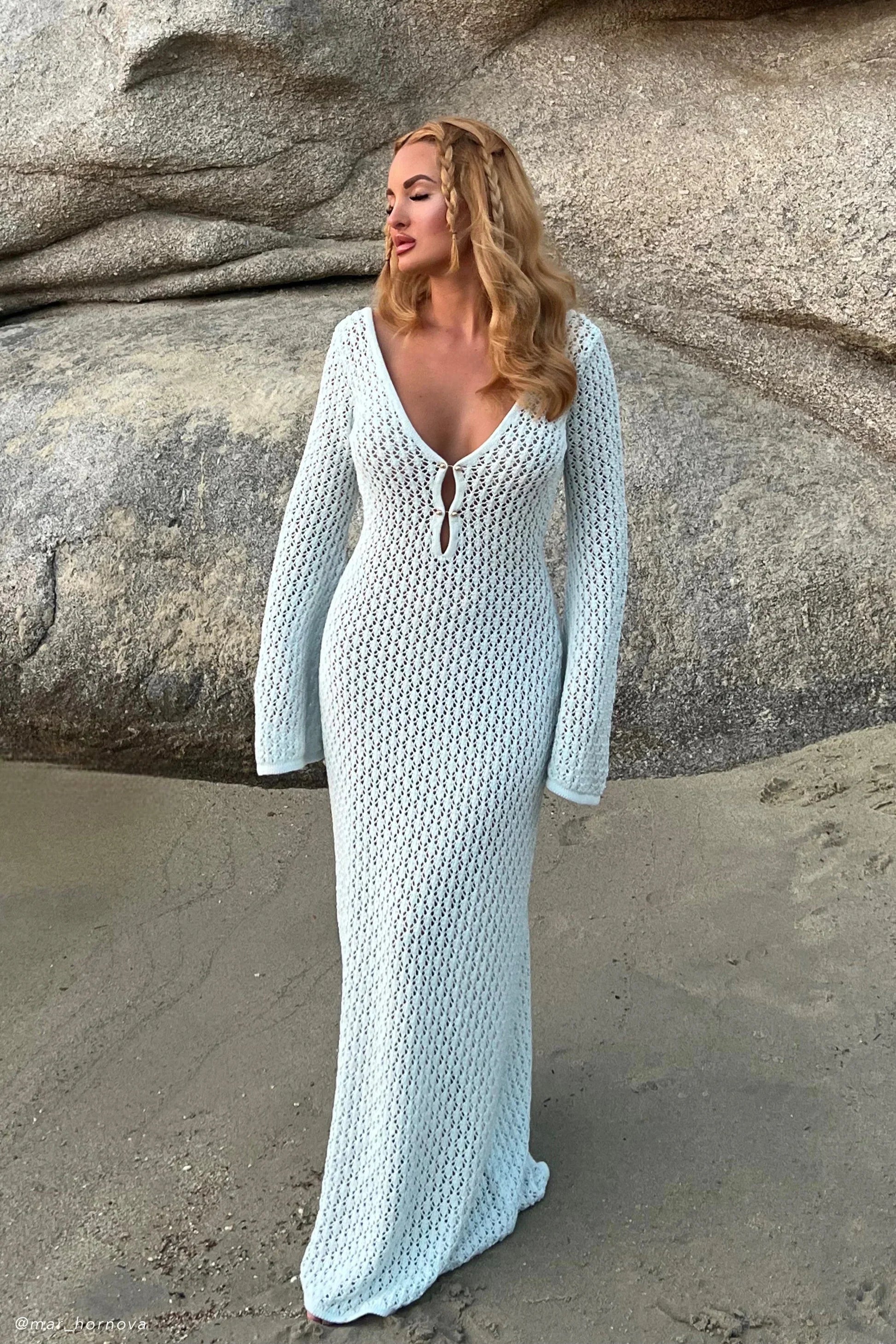 Kelsey | Breezy Flared Sleeve Open-Knit Maxi Dress