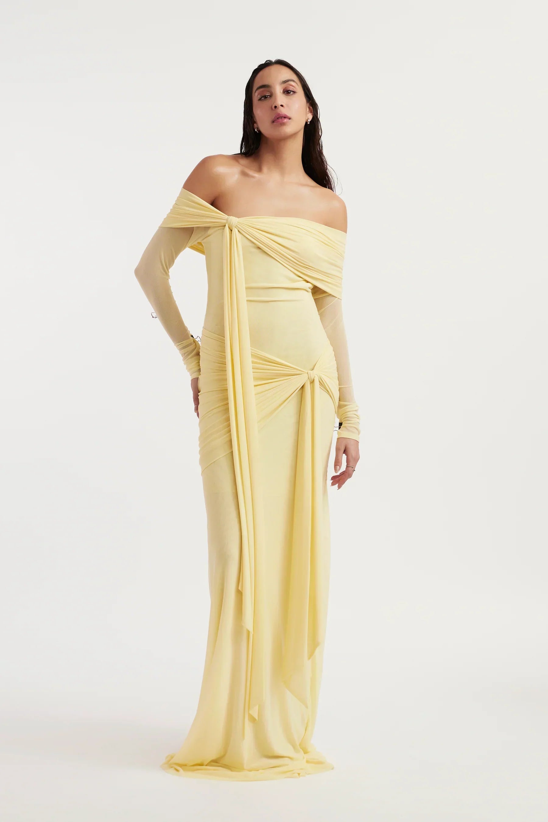 Helena | Off-The-Shoulder Mesh Drape Maxi Dress