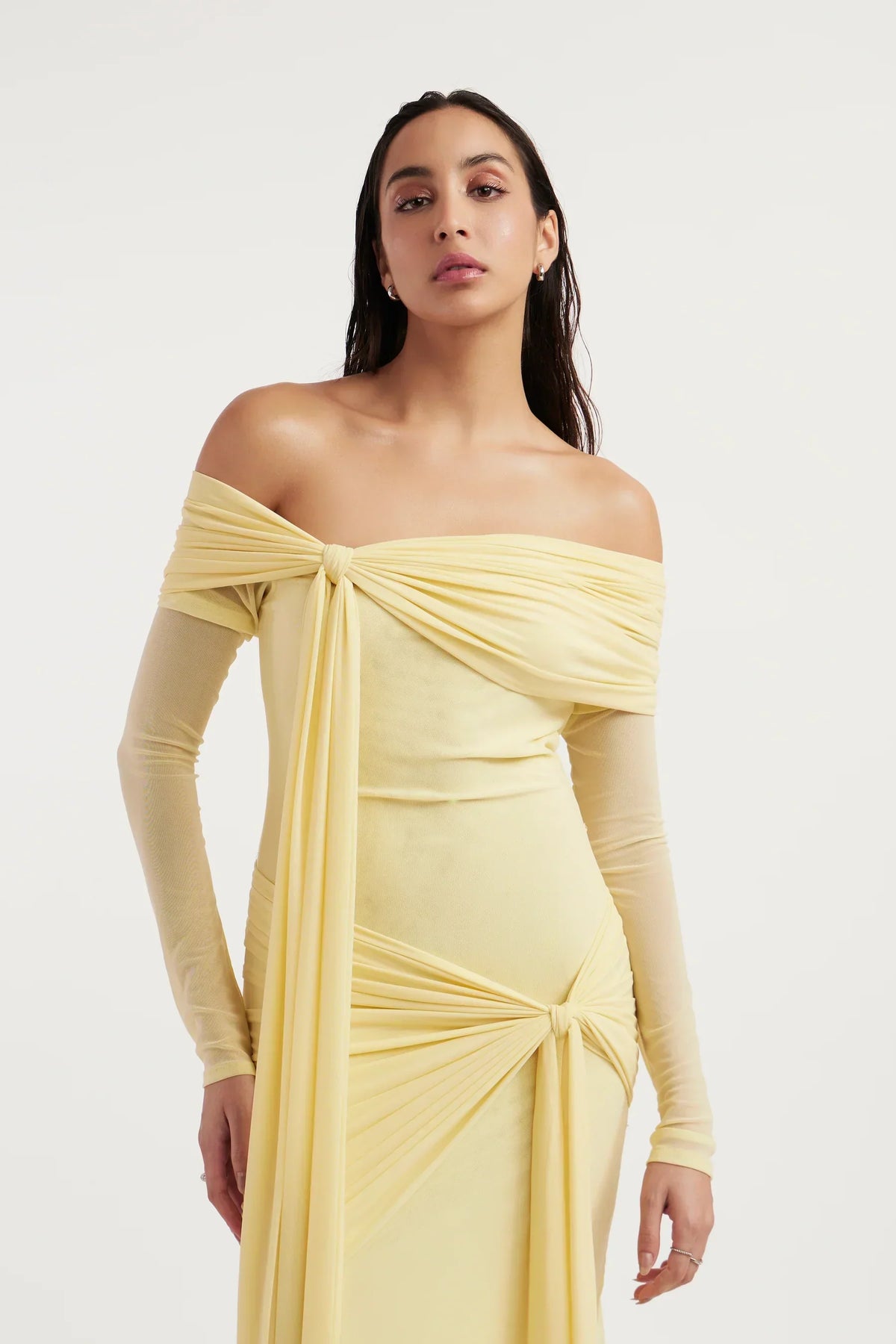 Helena | Off-The-Shoulder Mesh Drape Maxi Dress