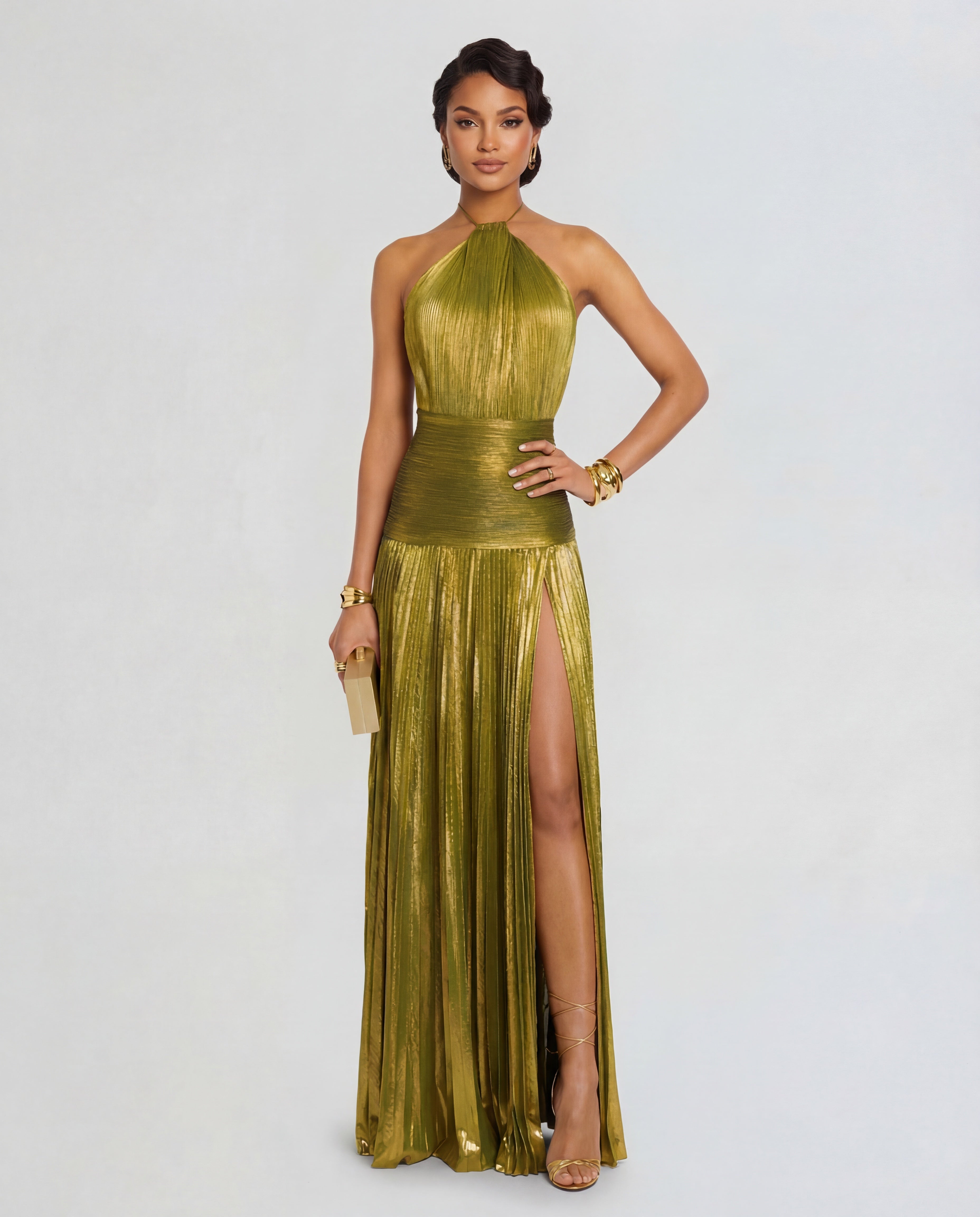 Talia | Luminous Metallic Halter Maxi Dress