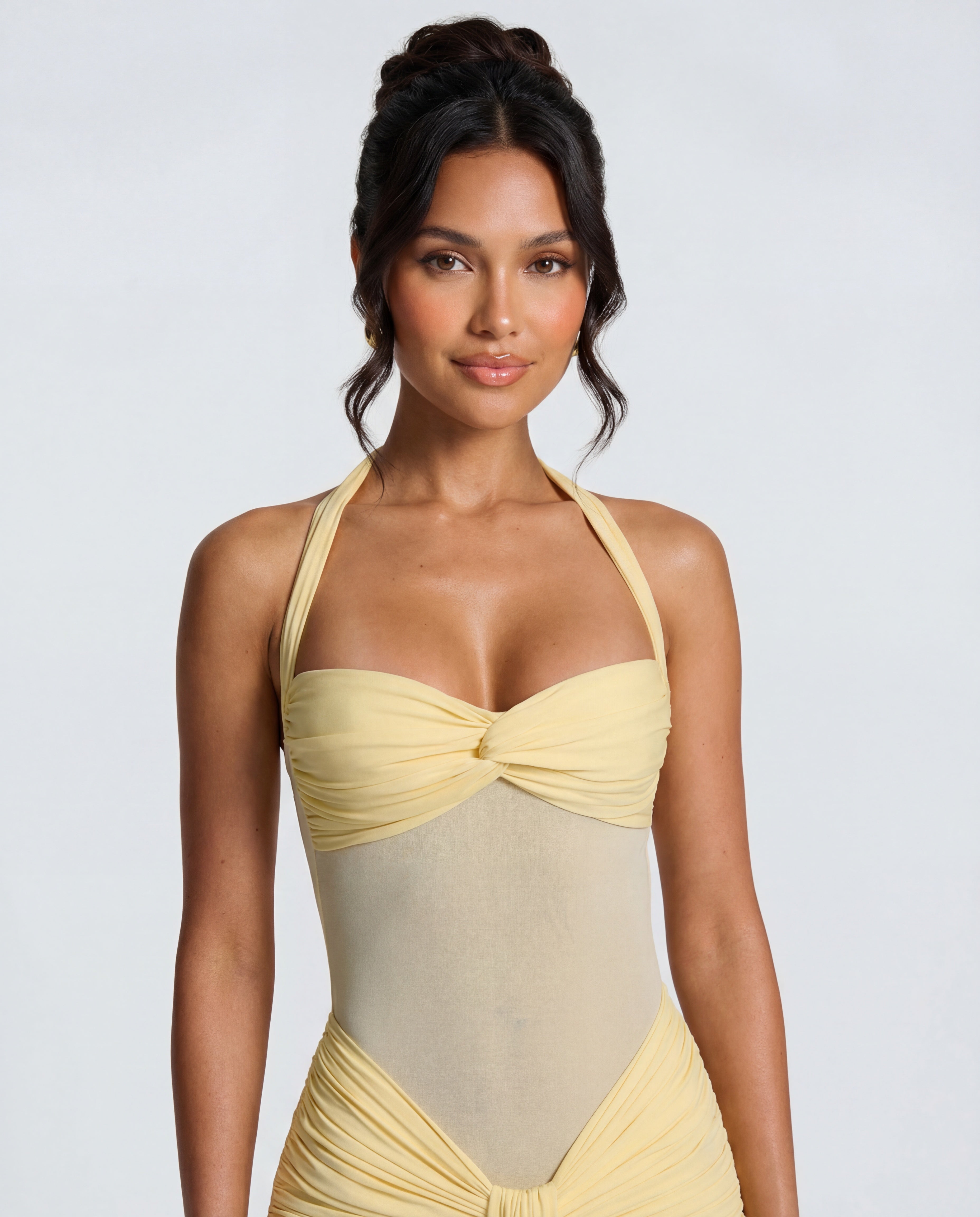 Rosabella | Radiant Yellow Halter Neck Ruched Maxi Dress