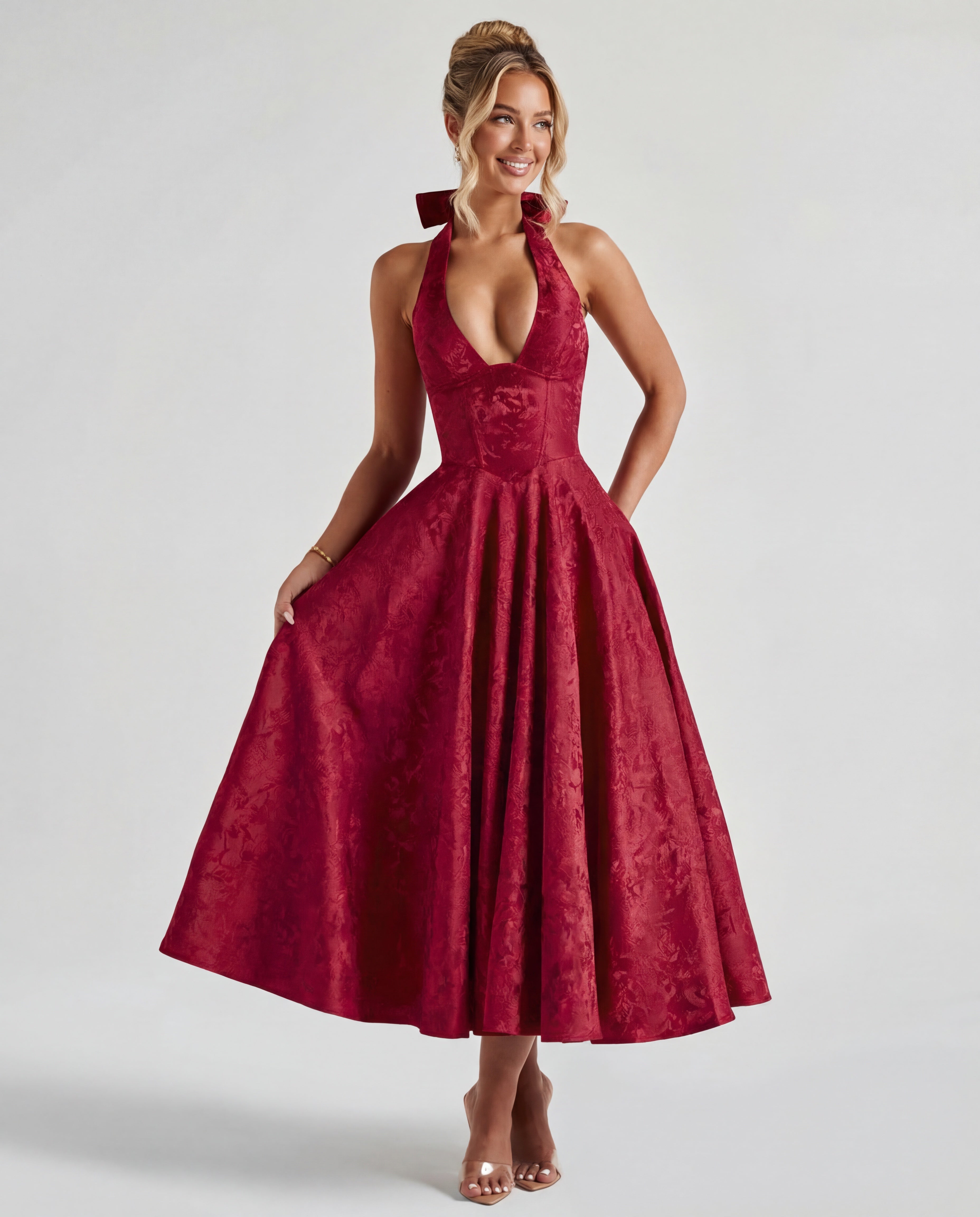 Evelyn | Halterneck Bustier Textured Jacquard Midi Dress