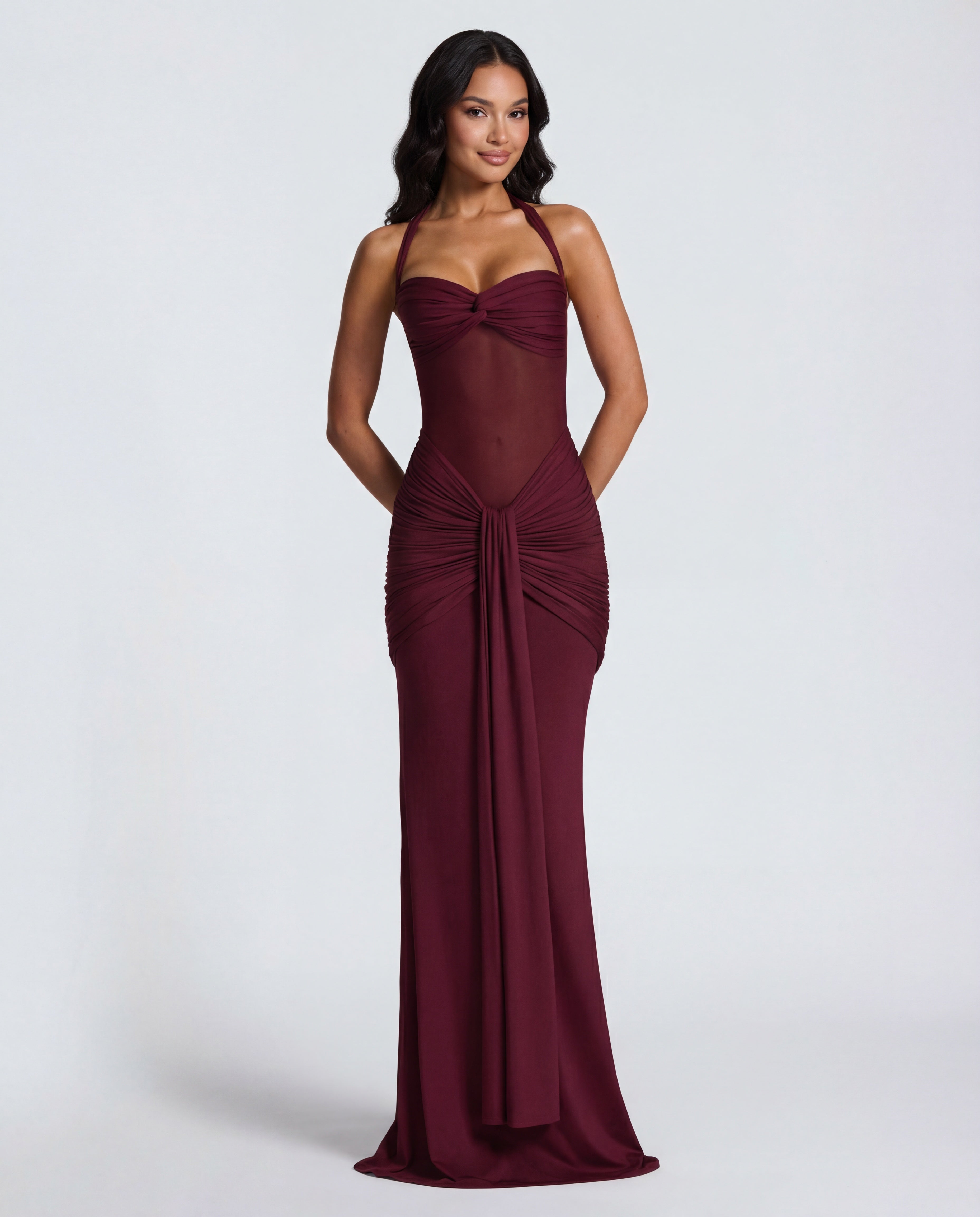 Rosabella | Radiant Yellow Halter Neck Ruched Maxi Dress